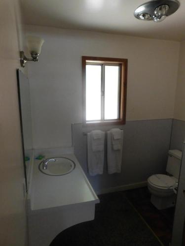 La salle de bains est pourvue d'un lavabo, de toilettes et d'une fenêtre. dans l'établissement The Tamarack Lodge, à Lakeshore