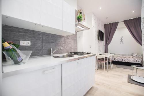 uma cozinha branca com um lavatório e um quarto em Apartman Pierre em Zagreb