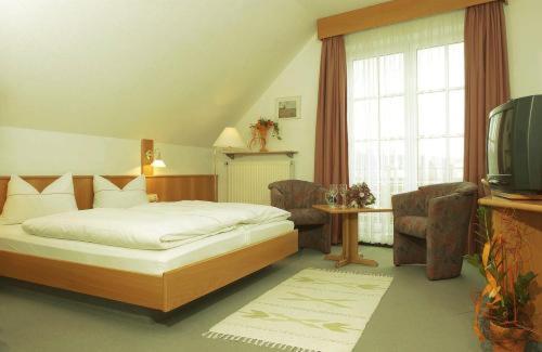 a bedroom with a bed and a tv in it at Hotel Rossner in Münchberg