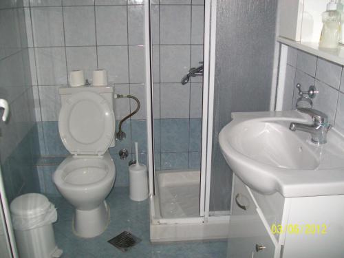 a bathroom with a toilet and a sink at Hotel Spiros in Ammoudia