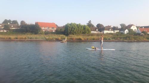 a woman standing on a paddle board in the water at Tinyhouse Thorøhuse in Assens