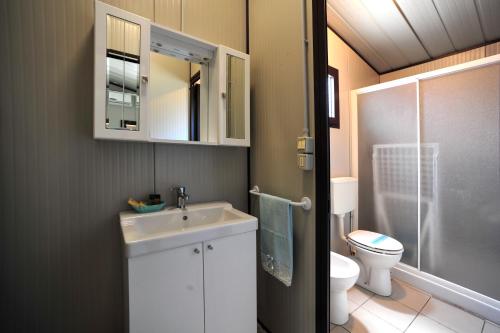 bagno con lavandino bianco e servizi igienici di Camping Giardino a Marina di Massa