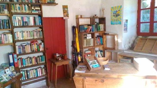 a room with bookshelves filled with books at Le Marconnès in Saint-Arcons-de-Barges