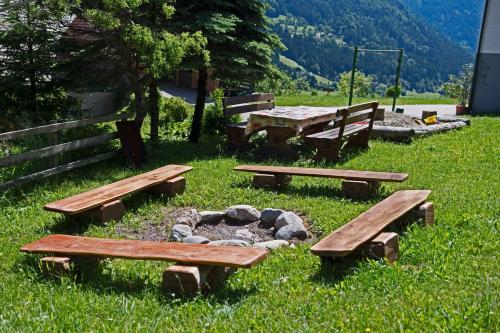 a group of picnic tables and a fire pit at Gästehaus Berger - Priglhof in Treffen