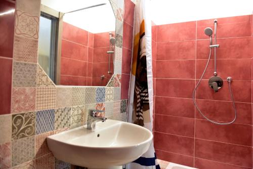 a bathroom with a sink and a mirror at Agriturismo Un Mare di Fiori in Ventimiglia