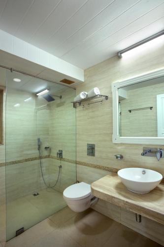a bathroom with a toilet and a sink and a shower at Villa San Lawrenz in Lonavala