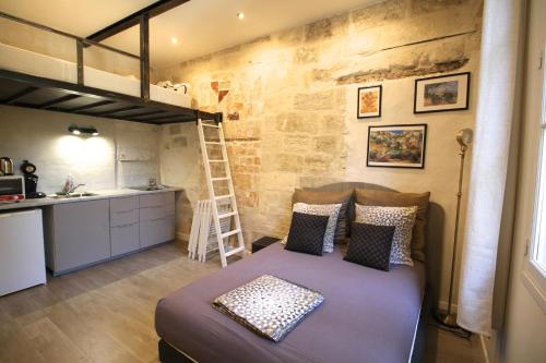 1 dormitorio con 1 cama elevada y cocina en Studios entre le Pont d' Avignon et le Palais des Papes, en Aviñón