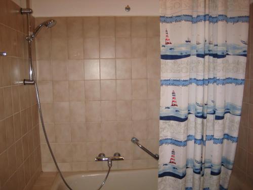 een douche in een badkamer met een douchegordijn bij Am Hafen IS in Büsum