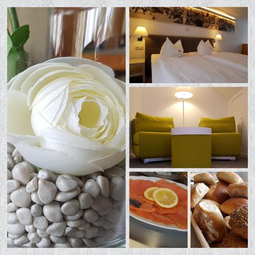 uma colagem de fotos de um quarto de hotel com uma cama e comida em Hotel Residence em Bad Segeberg