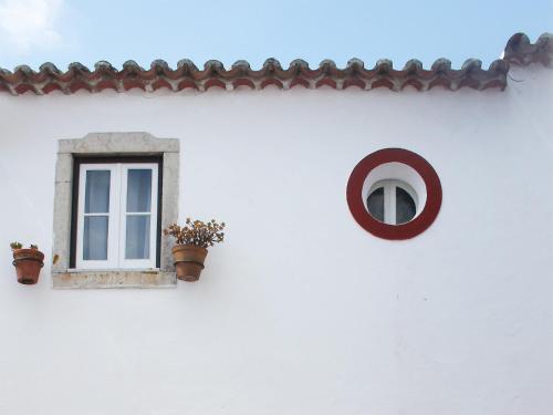 a white building with a window and potted plants at Foral Guest House - Óbidos in Óbidos