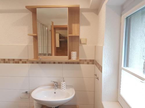 W łazience znajduje się umywalka i lustro. w obiekcie Ferienwohnung Tannenweg / Poseritz w mieście Poseritz