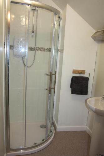 ein Badezimmer mit Dusche und Waschbecken in der Unterkunft Delfryn Cottage in Rhayader
