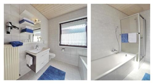 2 fotos de un baño con bañera y lavabo en Ferienwohnung Rita Halser en Riedenburg