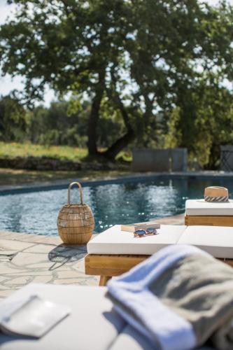a swimming pool with two lounges and a basket on a table at Domaine Monte Verdi in Flayosc