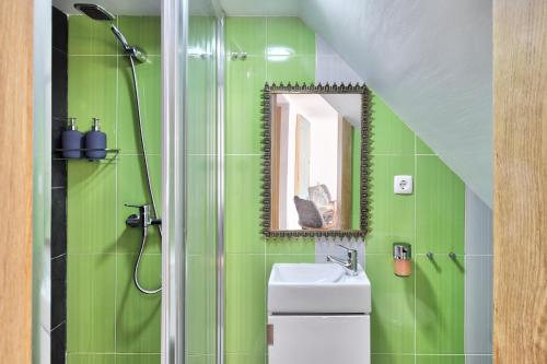 リスボンにあるAlfama Cosy & Charmingの緑豊かなバスルーム(シンク、鏡付)