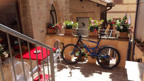 a bike parked on a balcony with potted plants at Hotel Sorella Luna in Assisi