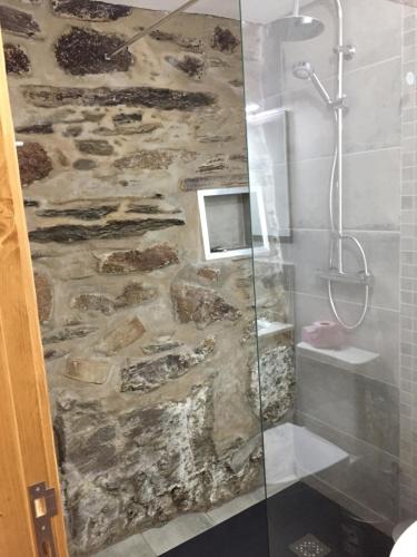 a bathroom with a shower with a stone wall at Refugio d'Anita Douro Valley House in Barcos