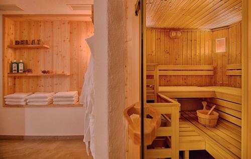 Apartments & Wellness Löfflerblick في كاديبيترا: حمام به ساونا وبجدران خشبية