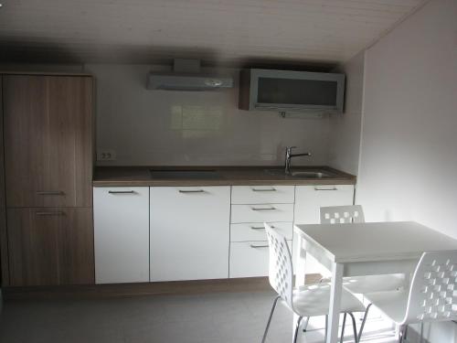 kuchnia z białymi szafkami oraz stołem i krzesłami w obiekcie Apartma Furlan w mieście Štanjel