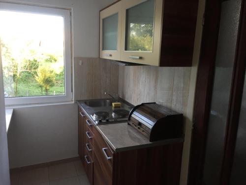 a kitchen with a sink and a toaster oven at Boulevard Apartments Cuprija in Ćuprija