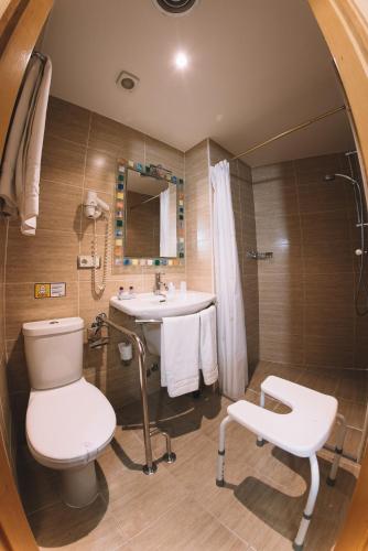 a bathroom with a white toilet and a sink at Hotel Castillo de Javier in Pamplona