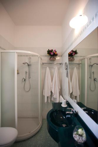 a bathroom with a shower and a black sink at Hotel Rio Bellaria in Bellaria-Igea Marina