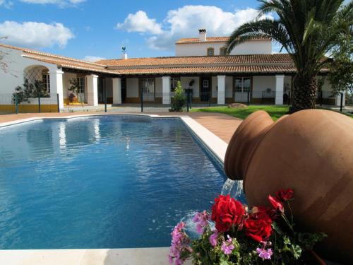 a swimming pool in front of a house at Agro-Turismo Monte da Galega in Minas de São Domingos