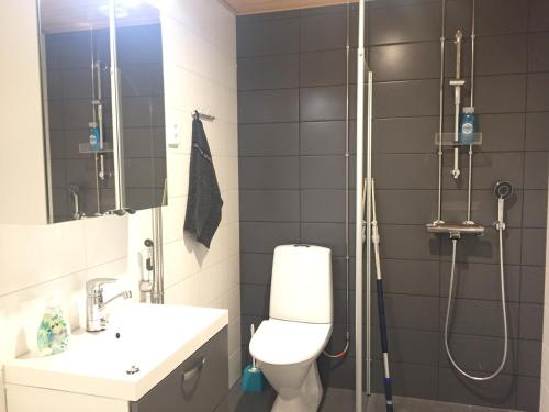 a bathroom with a shower and a toilet and a sink at The Harbour Apartments in Jyväskylä