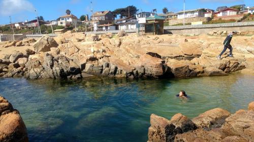 a person swimming in a body of water with rocks at El Rincon de Las Pleyades in El Quisco