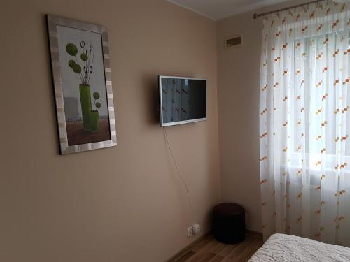 コウォブジェクにあるSamodzielny APARTAMENT 2pokojowyのベッドルーム1室(壁にテレビ付)、窓が備わります。