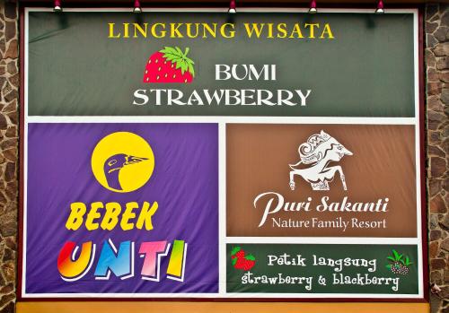 a sign for a building with four different signs at Puri Sakanti Nature Family Resort in Ciwidey