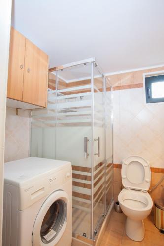 a bathroom with a washing machine and a toilet at Vafkeri Apartments in Vavkerí