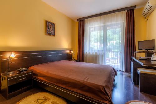 カリマネシュティにあるPensiunea Alfridのベッドと窓が備わるホテルルーム