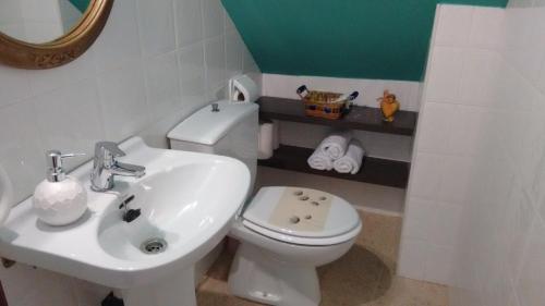 La salle de bains est pourvue de toilettes blanches et d'un lavabo. dans l'établissement Casa fonte da pena, à Rinlo