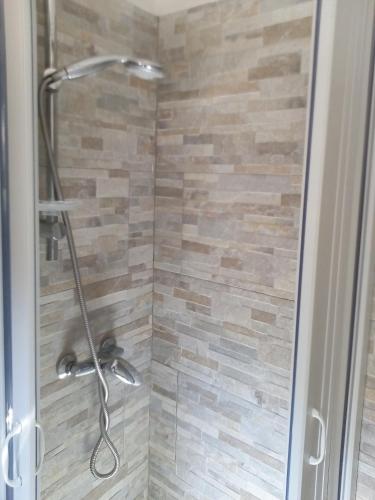 a bathroom with a shower with a glass door at Casa Elsa in Biassa
