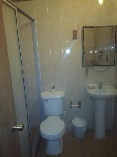 a bathroom with a toilet and a sink at Cabañas Maria Hau in Hanga Roa