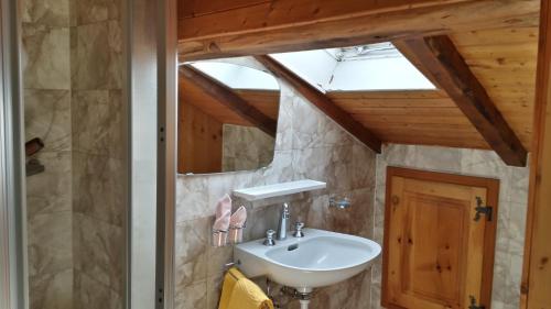 ein Bad mit einem Waschbecken und einem Spiegel in der Unterkunft Alpine Budget Rooms by Täscherhof in Täsch