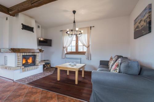 a living room with a couch and a fireplace at Osada Pienińska in Krościenko