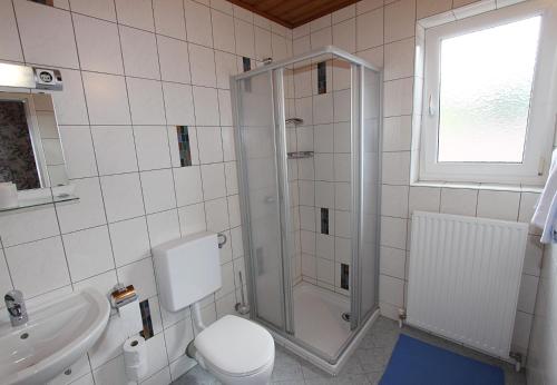 a bathroom with a shower and a toilet and a sink at Pension Sybille in Ebensee