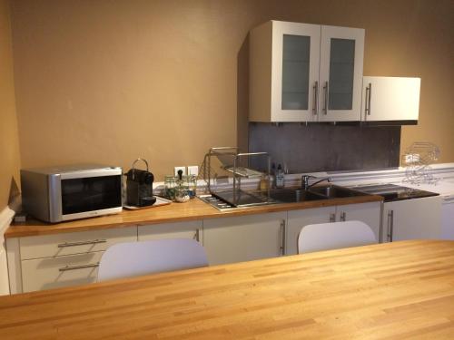 een keuken met een aanrecht met een magnetron en een wastafel bij L appartement des bords du Cher in Saint-Aignan