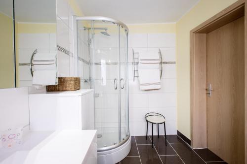 a bathroom with a glass shower and a stool at Boxis Ferienhaus in Probstzella