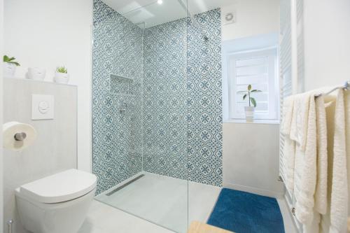 La salle de bains est pourvue de toilettes et d'une douche en verre. dans l'établissement Mateja Apartment, à Zagreb