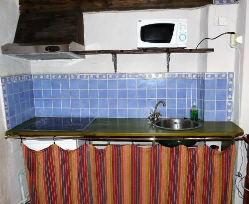 a kitchen counter with a sink and a microwave at La Colmenita in Navalsaz