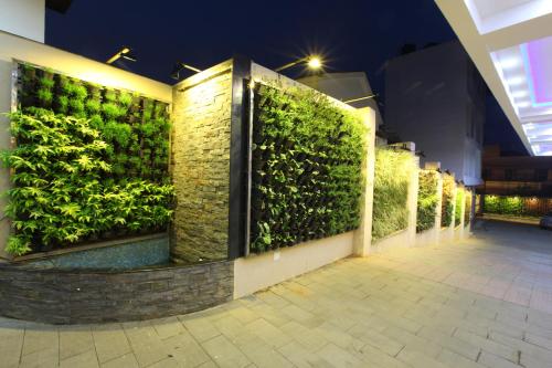 a vertical garden on the side of a building at night at Sidra Pristine Hotel and Portico Halls in Cochin