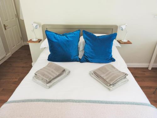 ペットワースにあるChurch Combe - Petworth West Sussexのベッド1台(青い枕、青い枕2つ付)