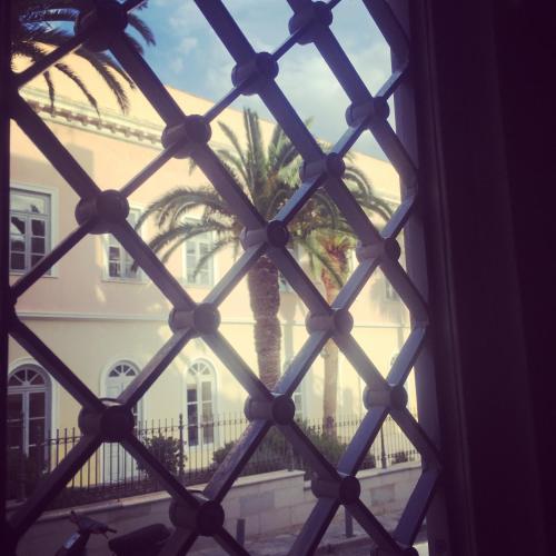 a window with a palm tree in front of a building at 5 Hermoupolis Concept Sites in Ermoupoli