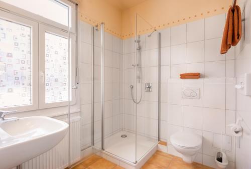uma casa de banho com um chuveiro, um WC e um lavatório. em Dom-Hotel em St. Blasien