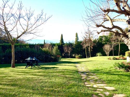 a park with a bench sitting in the grass at Hotel Colle Etrusco Salivolpi in Castellina in Chianti