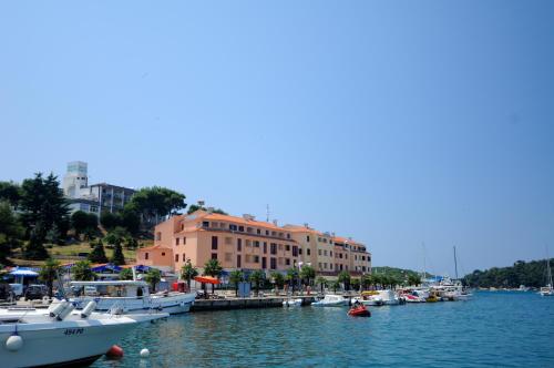 een groep boten aangemeerd in een haven met een gebouw bij Maistra Select Riva Apartments in Vrsar