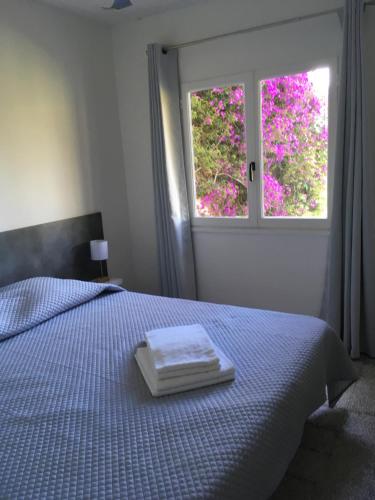 - une chambre avec un lit et une fenêtre avec un livre dans l'établissement Thalassa, à Sainte-Lucie de Porto-Vecchio